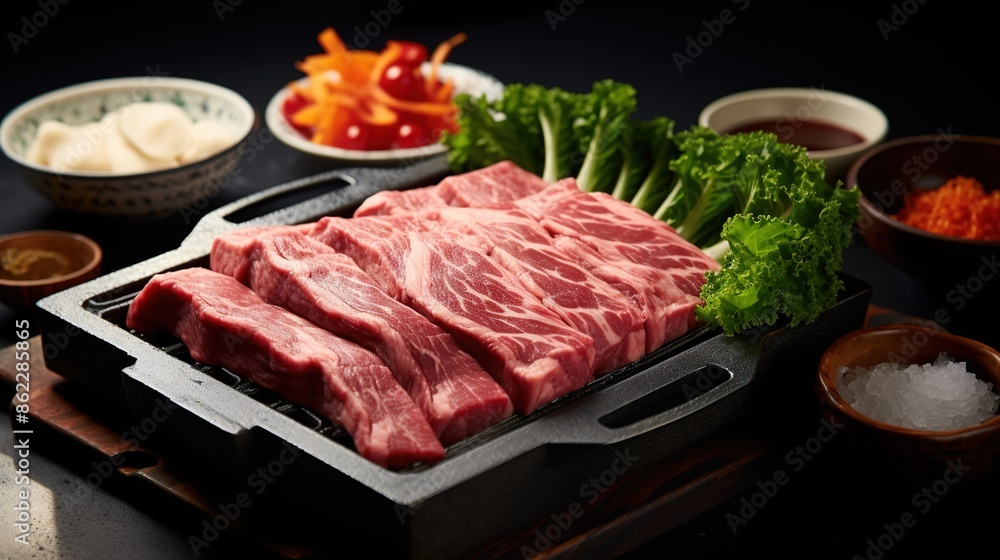 Japanese Wagyu A5 Shabu Shabu and Sukiyaki, vegetables set in the background, premium beef set, asian popular dish, japan local dish, chopsticks holding beef, fresh beef. Japanese Wagyu A5 Shabu Shabu and Sukiyaki, vegetables set in the background, premium beef set, asian popular dish, japan local dish, chopsticks holding beef, fresh beef.