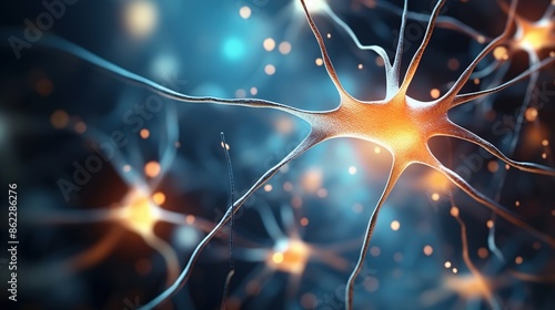 Microscopic image of a neuron with dendritic synapses and neurological electricity. Illustrating mind, science, neurology, and mental health concept in 3D animation.