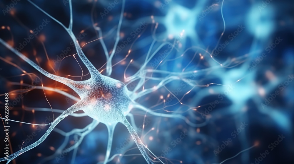 Microscopic image of a neuron with dendritic synapses and neurological electricity. Illustrating mind, science, neurology, and mental health concept in 3D animation. Microscopic image of a neuron with dendritic synapses and neurological electricity. Illustrating mind, science, neurology, and mental health concept in 3D animation.