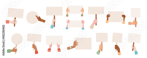 Isolated hands hold protest sign and banners set, man parade demonstration rectangle signboard collection, character show up protest circle flag, person raise support poster, hand hold strike placard