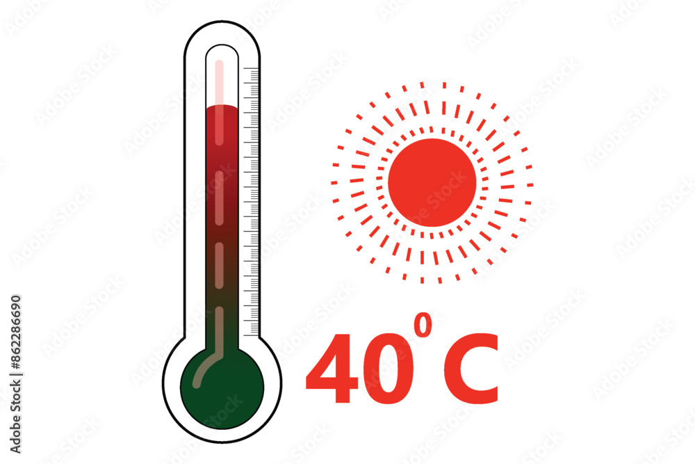 Red Thermometer With 40 degree Celsius logo Icon and red sun icon Red Thermometer With 40 degree Celsius logo Icon and red sun icon