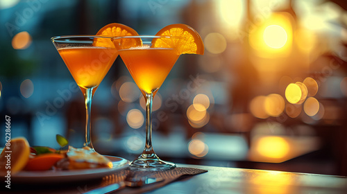 Two glasses of orange juice with a slice of orange on top, refreshing and vibrant citrus drink.a