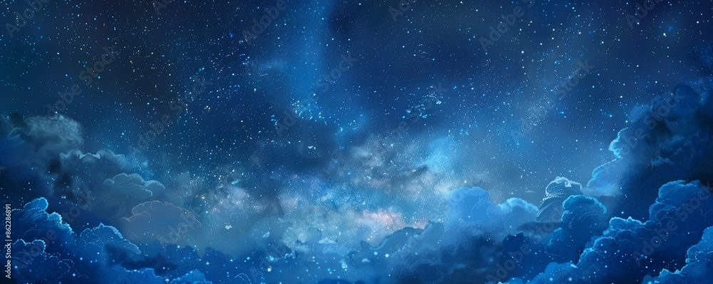 Fototapeta premium Starry night sky with clouds, ethereal celestial landscape. Dreamy and serene atmosphere concept