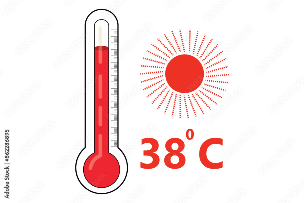 Red Thermometer With 38 degree Celsius logo Icon and red sun icon Red Thermometer With 38 degree Celsius logo Icon and red sun icon