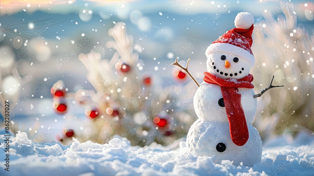 Fototapeta premium Happy snowman standing in christmas landscape. Snow background with copy space