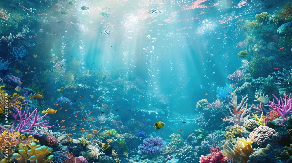 Diverse marine life exploring a thriving coral reef in a tranquil underwater scene Diverse marine life exploring a thriving coral reef in a tranquil underwater scene
