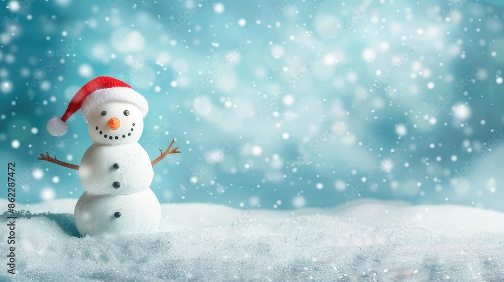 Happy snowman standing in christmas landscape. Snow background with copy space Happy snowman standing in christmas landscape. Snow background with copy space