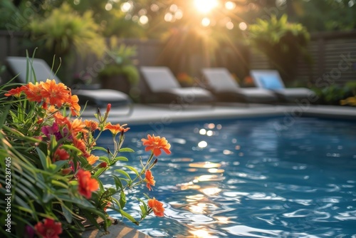 Orange Flowers Bloom Near Poolside Loungers At Sunset