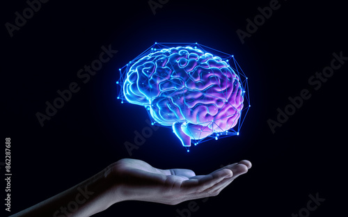 Hand Holding Human Brain - Futuristic Concept of Intelligence, science and mind