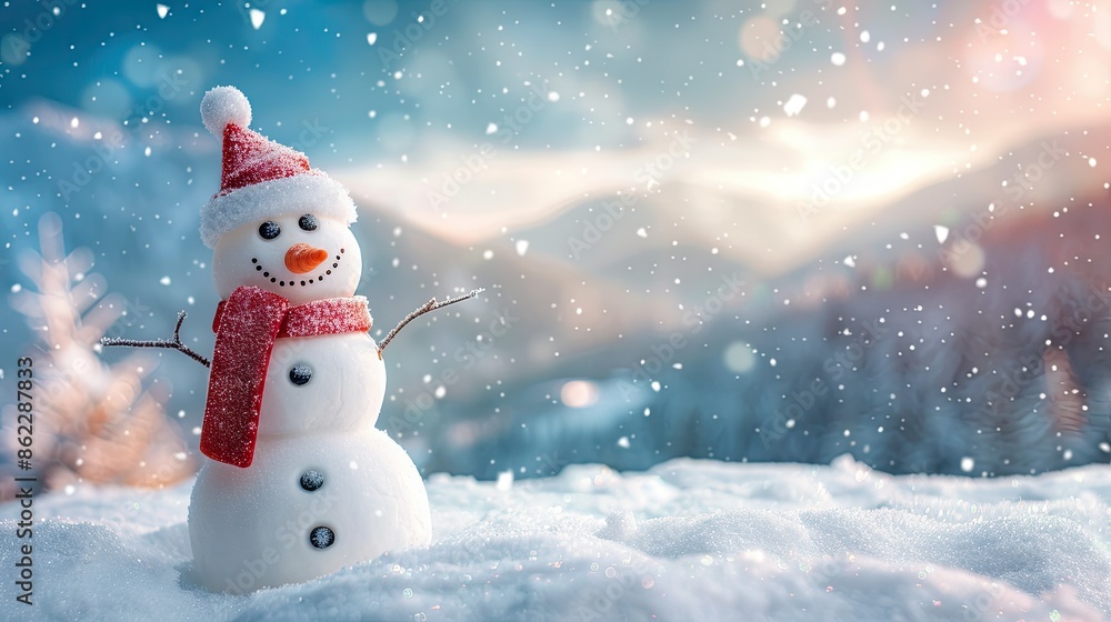 Obraz premium Happy snowman standing in christmas landscape. Snow background with copy space