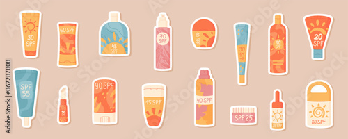 Flat sunscreen product bottle sticker collection, creative patch pack with sun screen cream product and uv factor protection cosmetic tube, isolated spf spray container, cartoon solar block oil pack.