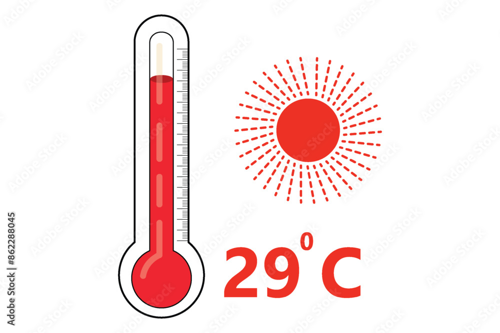 Red Thermometer With 29 degree Celsius logo Icon and red sun icon Red Thermometer With 29 degree Celsius logo Icon and red sun icon