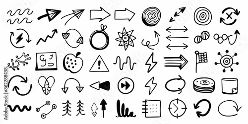 A Set of 60 pcs Doodle lines, Arrows, circles and curves vector. hand drawn design elements isolated on white background for infographic. vector illustration black Silhouette Design