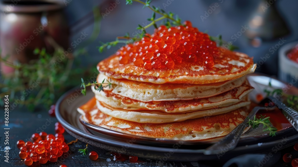 A stack of pancakes with red caviar on the table. A healthy breakfast. A delicious traditional dish on a dark background. A stack of pancakes with red caviar on the table. A healthy breakfast. A delicious traditional dish on a dark background.
