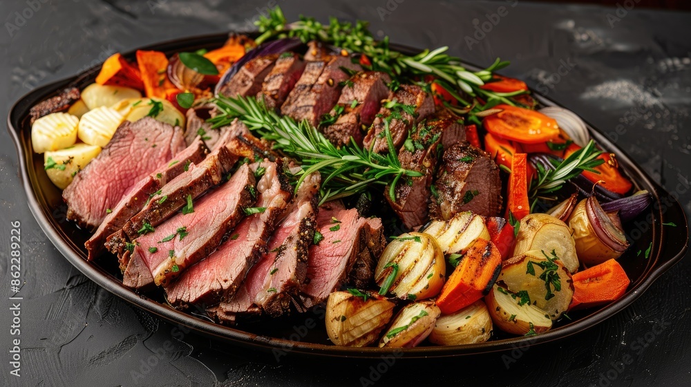 Gourmet Sunday roast platter with sliced roast beef and an assortment of roasted veggies Gourmet Sunday roast platter with sliced roast beef and an assortment of roasted veggies