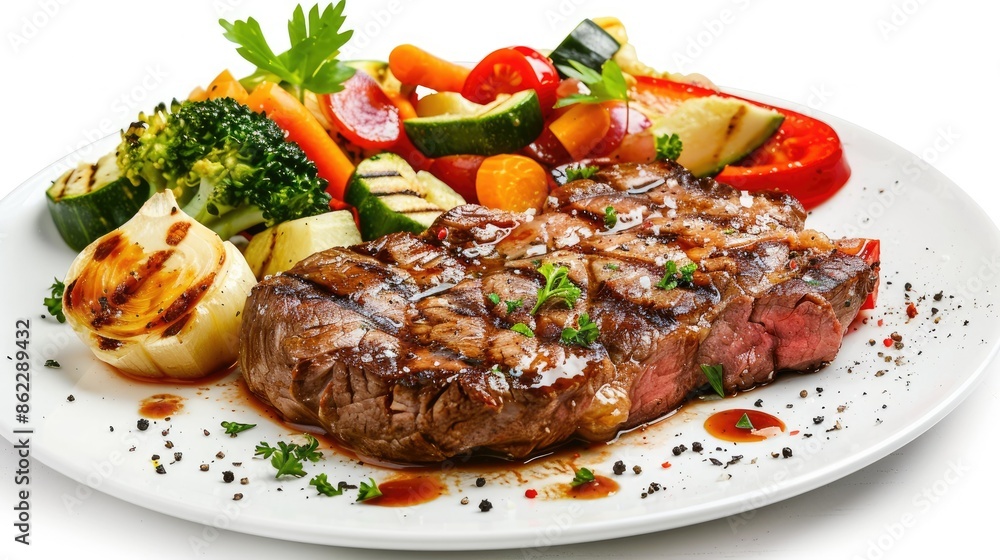 Grilled beef steak with a side of mixed vegetables on a white plate, isolated on white Grilled beef steak with a side of mixed vegetables on a white plate, isolated on white