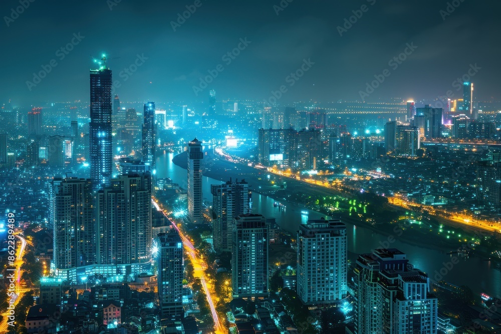 Obraz premium A high-angle view of the big city at night with lights from buildings and streets shining brightly. Green areas and diverse architecture show the prosperity and bustling life