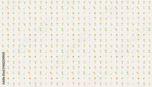 A pattern that features small flowers in grids in pastel colors on white linen fabric, each grid contains one flower from various varieties, the grid is pink dotted lines