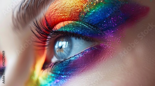 Woman's face with painted lgbt community flag,Portrait of young asian girls,Colorful makeup,LGBT pride rainbow concept.
