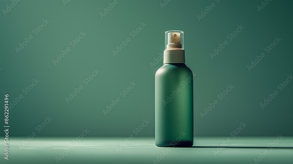 Minimalist Matte Green Spray Bottle on Green Background Minimalist Matte Green Spray Bottle on Green Background