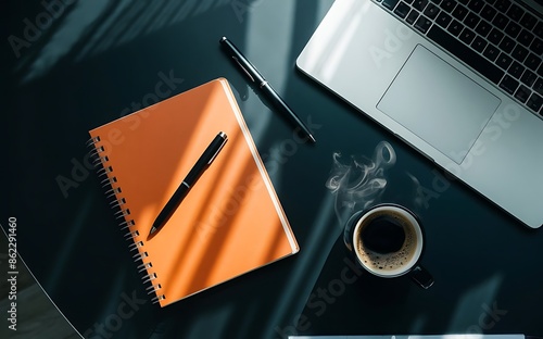 Office black leather workspace with office supplies and copy space