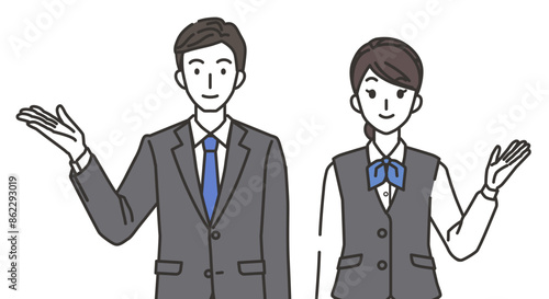 紹介する接客業の男性と女性のイラスト
