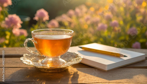 Una taza de té iluminada por el sol de la tarde, acompañada de un cuaderno y un lápiz en medio de un jardín floreciente, photo