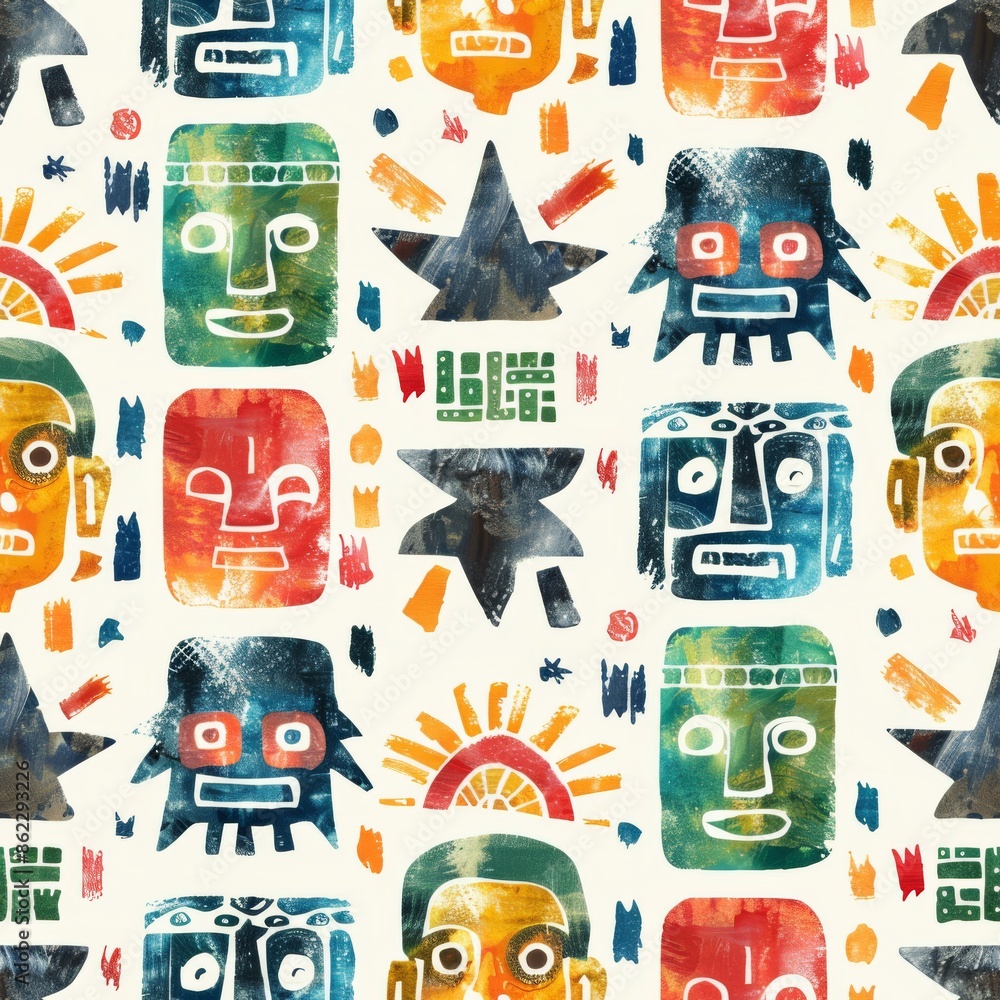 Fototapeta premium Mayan Glyphs, seamless pattern, small scale pattern, hand drawn flat art, watercolor, clean illustration, white background