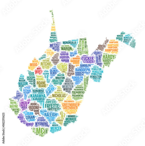 West Virginia county word cloud in the shape of the state. A colored illustration featuring a collage of county names.
