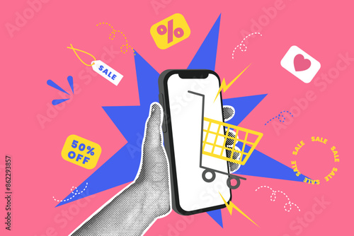 Trendy halftones collage business concept. Online shopping concept, delivery service, favorable terms. Trendy modern retro illustration in bright trendy colors.Banner concept with sale.