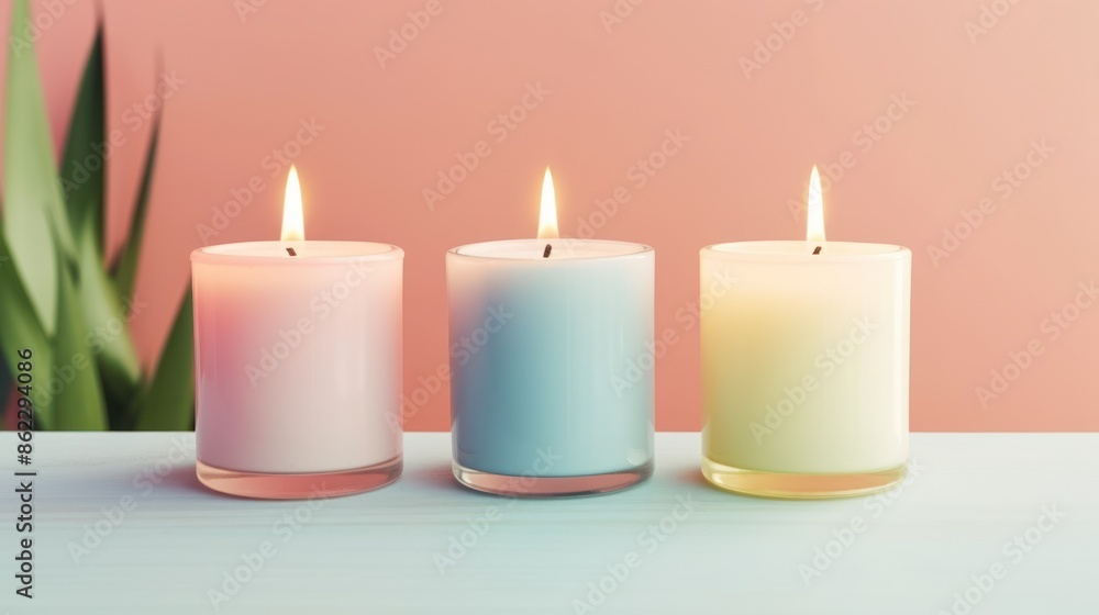 Three Lit Candles on Pastel Background Three Lit Candles on Pastel Background