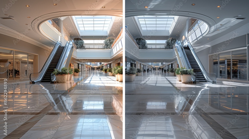 Fototapeta premium The modern city mall's abstract interior design with its innovative lighting creates a vibrant backdrop for business, enticing shoppers to explore every store during the sale.