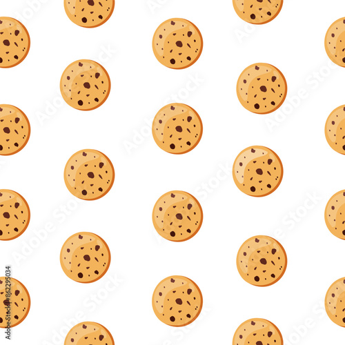 Seamless pattern.Oatmeal cookies with chocolate chips on a light background.Baking in flat style.