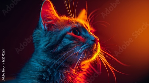 Cat profile in neon lighting, vibrant colors. Artistic and modern pet photography © iVGraphic