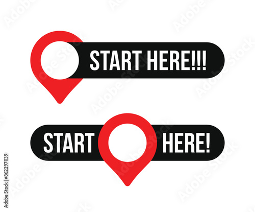 A set of start here text button with map pin icons template Isolated on white background. Vector illustration.
