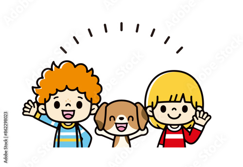 ペットのビーグル犬と笑顔で手を振るかわいい子供たちのイラスト
