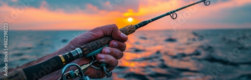 Person Fishing at Sunset Over the Ocean