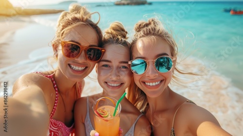 Beach Day Selfie: Three Young Women Enjoying Cocktails with Stylish Accessories