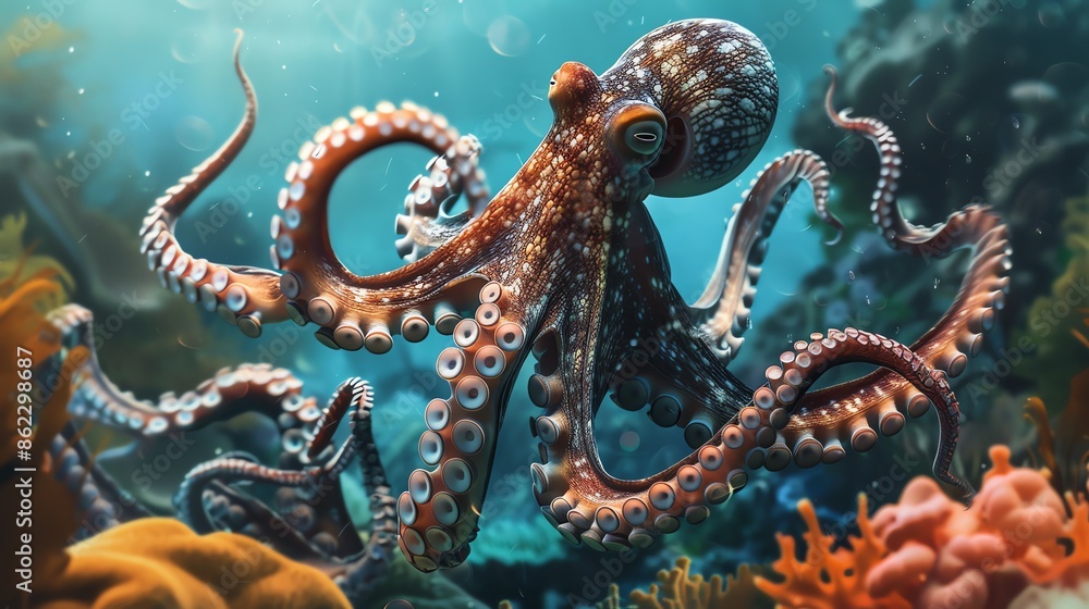 Obraz premium An octopus with beautiful colors and patterns. It is swimming gracefully through a coral reef, surrounded by colorful fish.