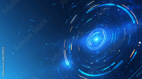 Abstract futuristic technology background with blue and orange circles with copy space text for website, banner, social media, and mobile app.
