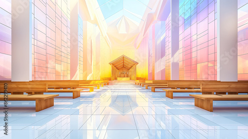 Modern Church Interior Bathed in Colored Light Through Stained Glass Windows photo