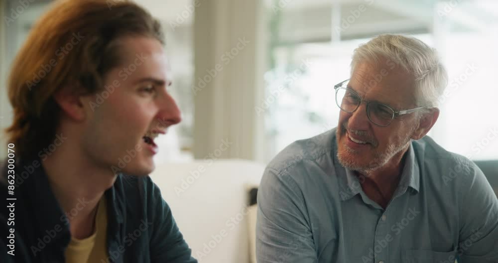 Senior dad, son and talking on sofa for support, advice and happy bonding together in home. Conversation, father and adult child chat on couch with respect, care and relax on weekend in living room. Senior dad, son and talking on sofa for support, advice and happy bonding together in home. Conversation, father and adult child chat on couch with respect, care and relax on weekend in living room.