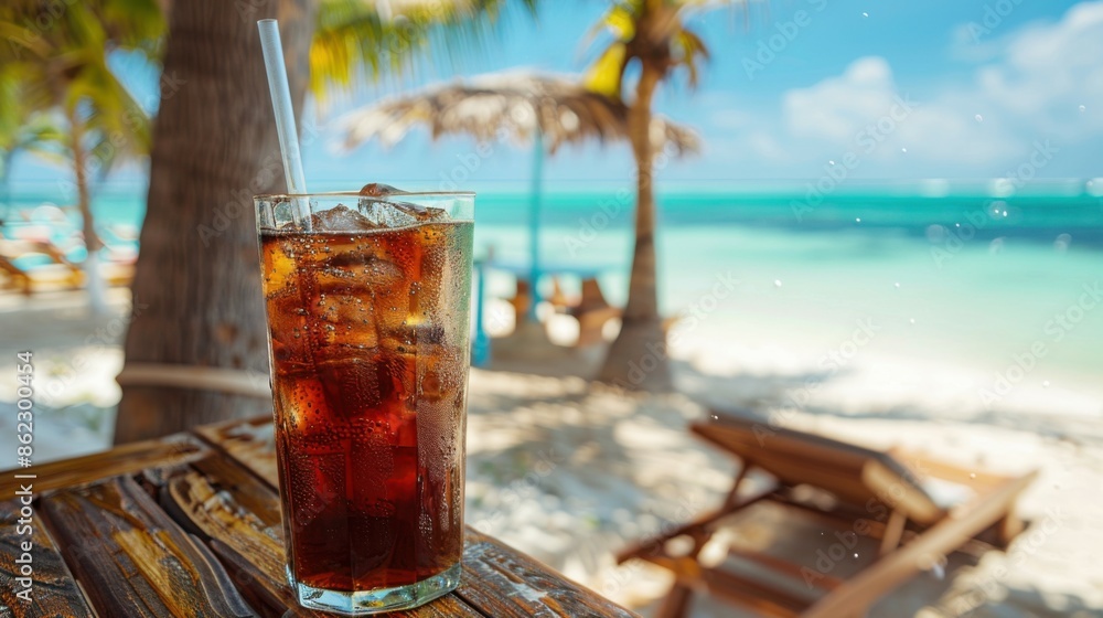 cold cola with a straw on the background of the ocean. cold cola with a straw on the background of the ocean.