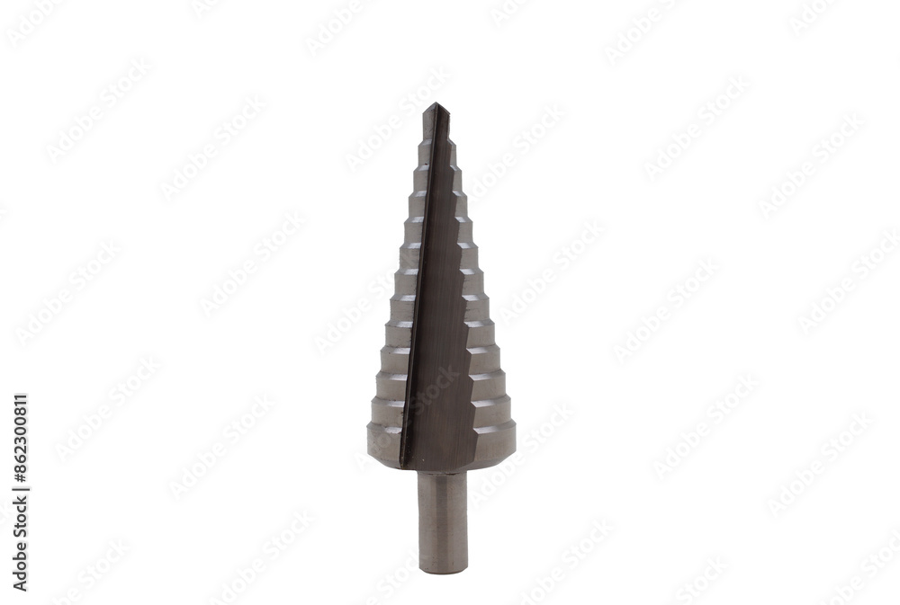 Step drill bit isolated on white background. Step drill bit for drilling holes in metal. Step drill bit isolated on white background. Step drill bit for drilling holes in metal.