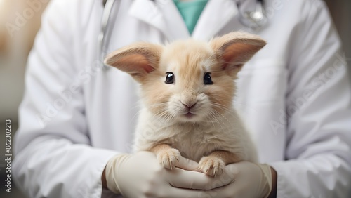 Vet doctor hold little rabbit for checking up at her clinic Rabbit in vet clinic photo