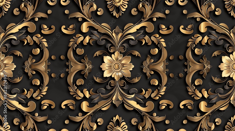 A luxurious gold damask pattern set against a rich black background. A luxurious gold damask pattern set against a rich black background.