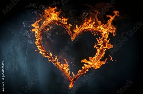 Fiery Heart Shape Formed By Flames On Black Background