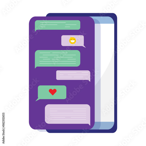 Smartphone screen filled with vibrant chat bubbles in green, purple, and red. Digital communication and social media engagemen photo