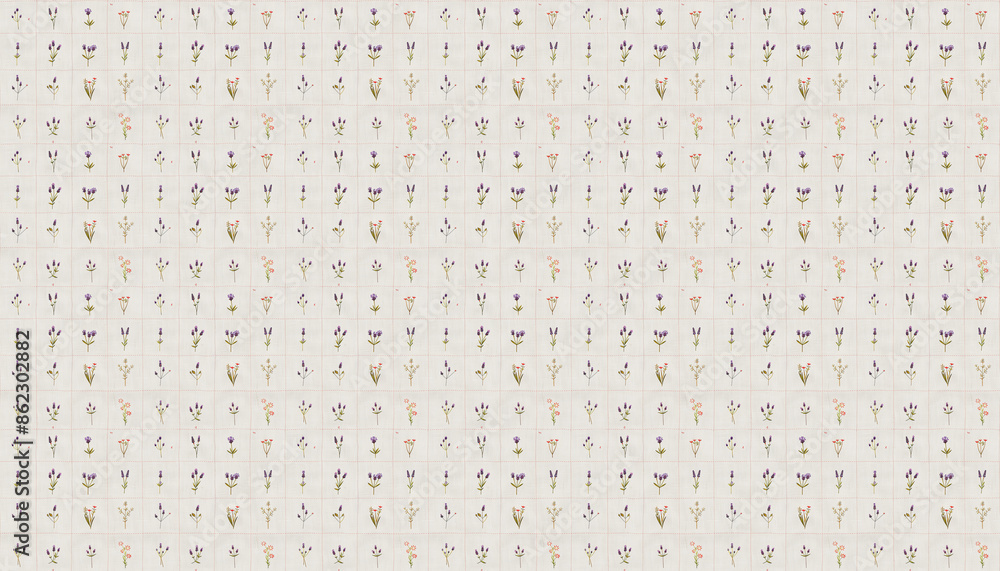 A pattern backgeound that features small flowers in square grid in pastel colors on white linen fabric, Each grid contains one lavender from various varieties A pattern backgeound that features small flowers in square grid in pastel colors on white linen fabric, Each grid contains one lavender from various varieties