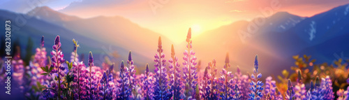 Mesmerizing Field of Lupines Under Clear Sky Captivating Watercolor Art Showcasing Nature s Breathtaking Landscape in Vibrant and Colorful Detail photo
